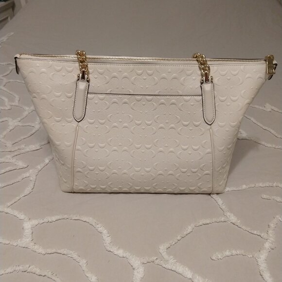COACH Ava Chain Signature Leather Tote in Chalk, Debossed - Picture 2 of 16
